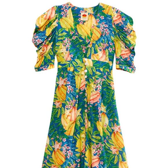 Farm Rio Star Fruit Puff Sleeve Midi Dress Size L NWT - Picture 5 of 15